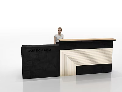 Black And Light Wood Striped Reception Desk With Receptionist Standing In Reception Area 3d model