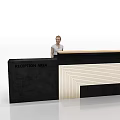 Black And Light Wood Striped Reception Desk With Receptionist Standing In Reception Area