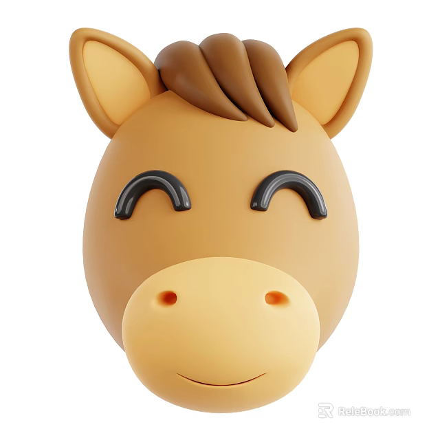 Cute Brown Cartoon Horse Head With Smiling Expression Curved Eyebrows And Brown Mane 3d model 