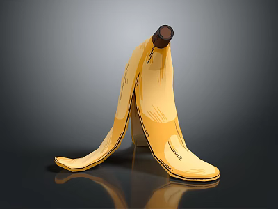 Fresh Yellow Peeled Banana With Spread Out Peel On Dark Reflective Background 3d model