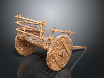 Ancient Handcrafted Wooden Cart With Large Wheels Rope Bindings And Vintage Design 3d model