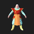 3D Animated Character With Bald Head Red Yellow Top Blue Sleeves Orange Apron Yellow Boots