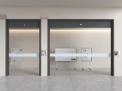 Modern Gray Framed Automatic Doors With Camera And Wheeled Medical Equipment 3d model