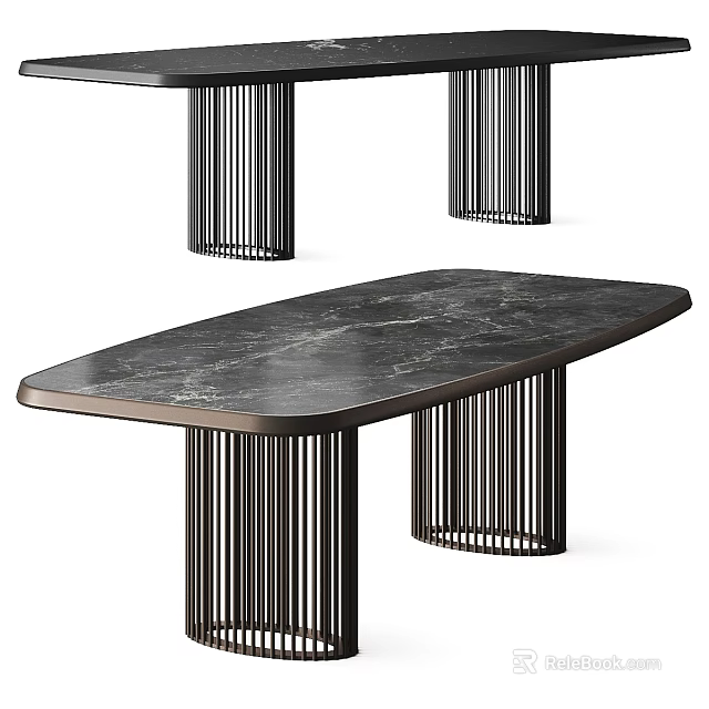 Modern Minimalist Tea Table And Chairs With Black Marble Tabletop And Slatted Metal Legs 3d model 