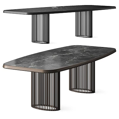 Modern Minimalist Tea Table And Chairs With Black Marble Tabletop And Slatted Metal Legs 3d model