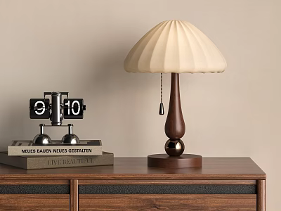 Beige Pleated Lampshade Wooden Base Table Lamp With Black Clock And Books On Wooden Cabinet 3d model