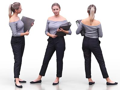 Professional Woman In Gray Off Shoulder Top And Black Pants Holding Folder From Three Angles 3d model