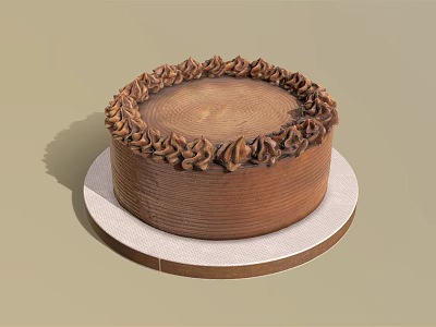 Round Brown Cake With Cream Decorative Border On White Plate 3d model