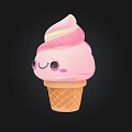 Pink and White Ice Cream Cone with Smiling Face and Swirled Cream Top