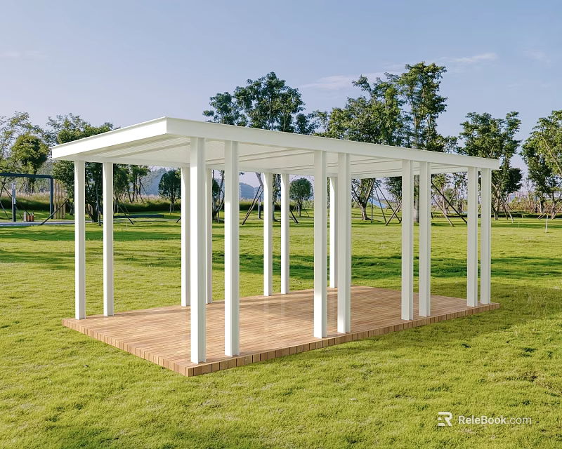 Outdoor Public Chair In White Roofed Pavilion With Wooden Floor Green Grassland And Trees 3d model 