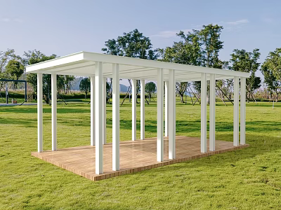 Outdoor Public Chair In White Roofed Pavilion With Wooden Floor Green Grassland And Trees 3d model