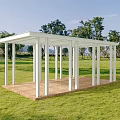 Outdoor Public Chair In White Roofed Pavilion With Wooden Floor Green Grassland And Trees