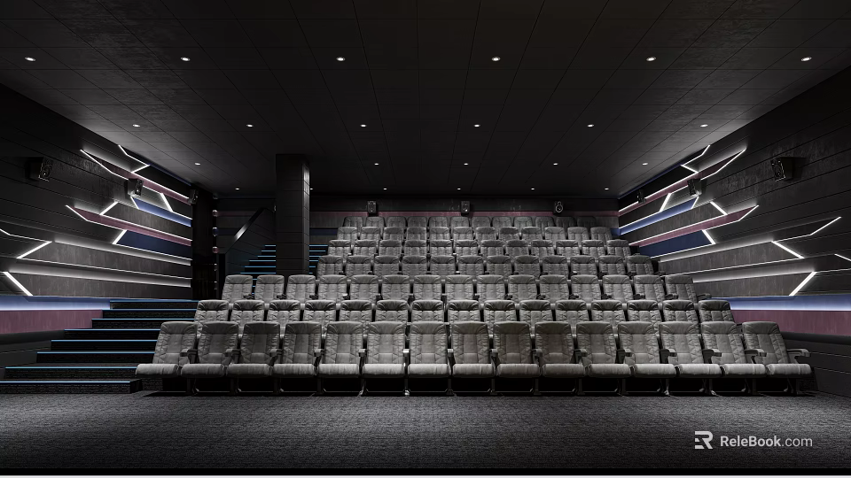 Modern Cinema Interior Design With Rows Of Comfortable Seats And Stylish Lighting 3d model 
