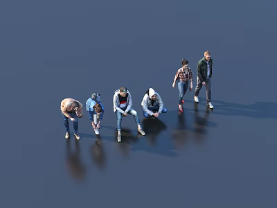 Group of People in Various Postures Bending and Standing on Dark Ground with Reflections 3d model