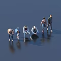 Group of People in Various Postures Bending and Standing on Dark Ground with Reflections