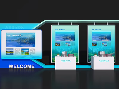 Modern Art Installation Featuring Display Panels Welcome Sign And Visual Elements 3d model