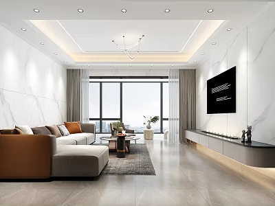 Modern Bright Luxury Living Room With Marble Walls Cozy Sofa And Large Floor Windows 3d model