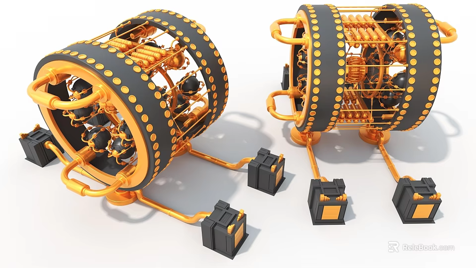 Cylindrical Industrial Equipment With Gold And Black Complex Mechanical Structure And Base Units 3d model 