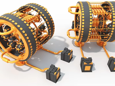 Cylindrical Industrial Equipment With Gold And Black Complex Mechanical Structure And Base Units 3d model