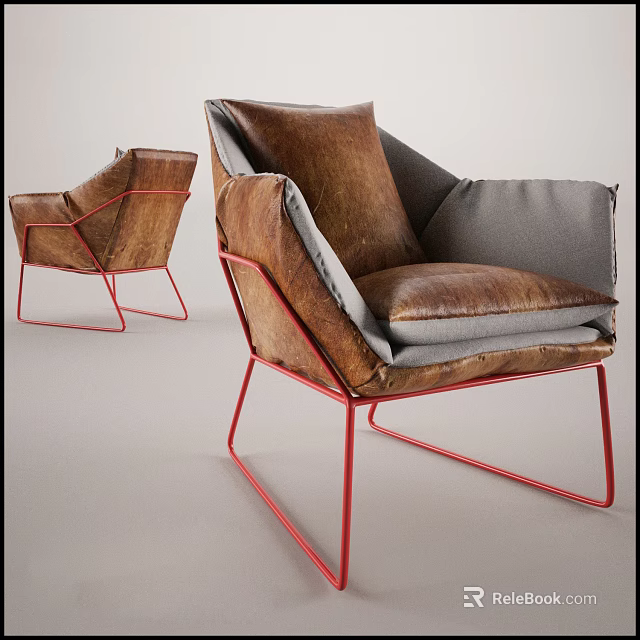 Modern Accent Chair With Brown Leather Upholstery Gray Cushions And Red Metal Frame 3d model 
