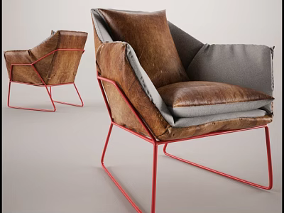 Modern Accent Chair With Brown Leather Upholstery Gray Cushions And Red Metal Frame 3d model