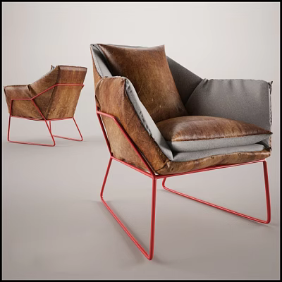 Modern Accent Chair With Brown Leather Upholstery Gray Cushions And Red Metal Frame 3d model