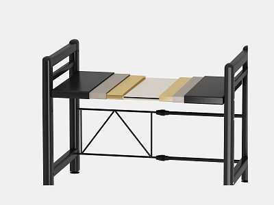 Stylish Wooden Bench With Black Metal Frame And Striped Seat Design 3d model