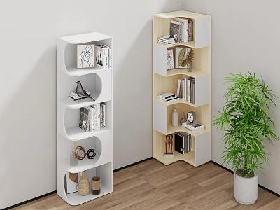 Modern White and Light Wood Multi Tiered Bookcases with Books Decorative Items in Interior 3d model