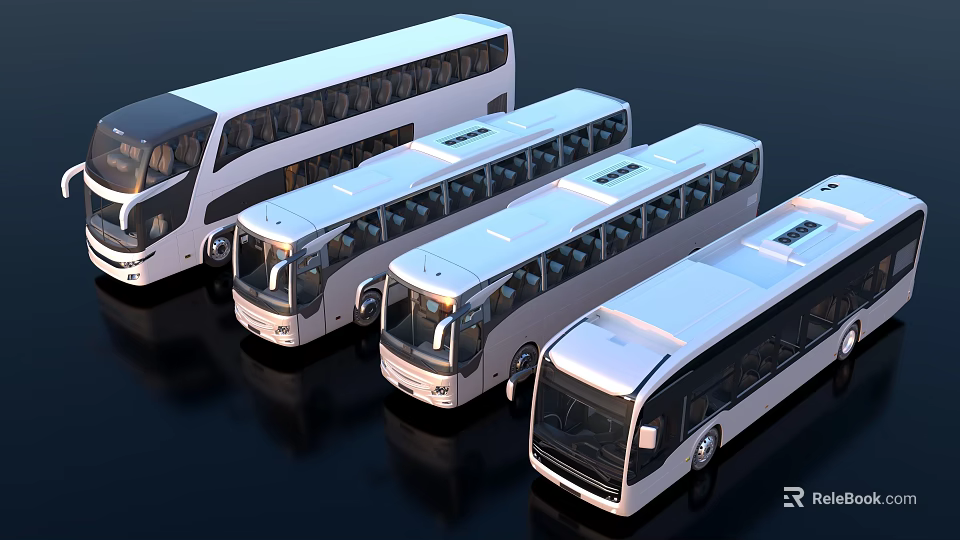 Modern White Buses Parked in a Row with Sleek Exterior Design 3d model 