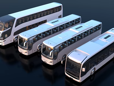 Modern White Buses Parked in a Row with Sleek Exterior Design 3d model