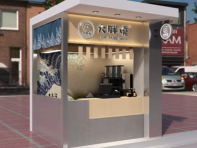 Da Pang Zhang Bubble Tea Shop Street Kiosk With Blue Decor Wooden Counter And Equipment 3d model
