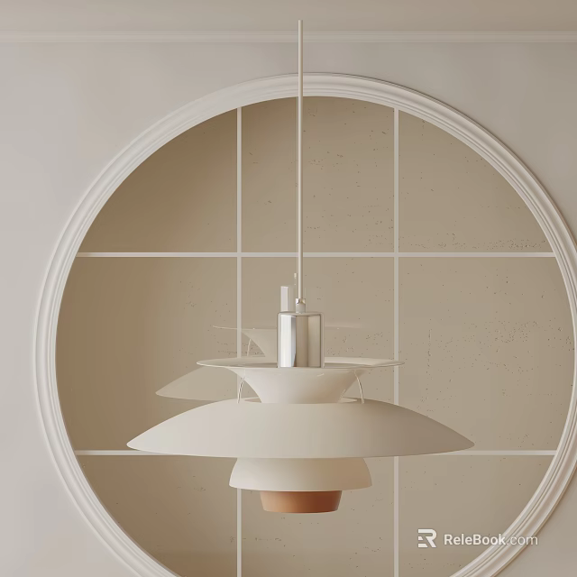Multi Layered White Pendant Light With Umbrella Design Against Circular Frame And Light Grid Wall 3d model
