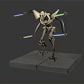 Futuristic Four Armed Robot With Blue And Green Lightsabers On Gray Platform