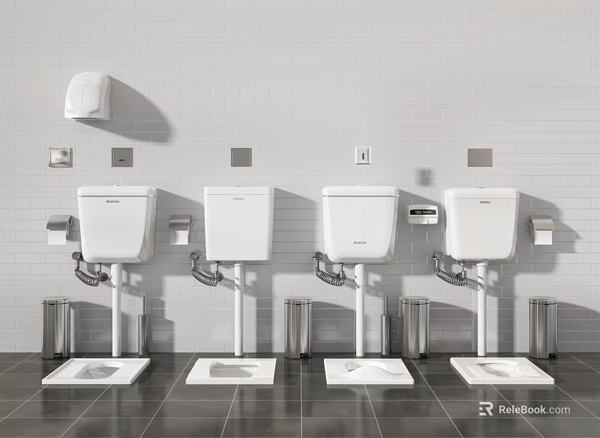 White Toilets with Flush Tanks Against White Tiled Wall and Dark Floor with Trash Bins 3d model 