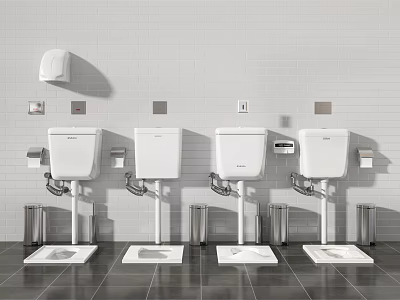 White Toilets with Flush Tanks Against White Tiled Wall and Dark Floor with Trash Bins 3d model