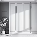 Modern White Wardrobe With Four Doors Long Handles And Indoor Plant