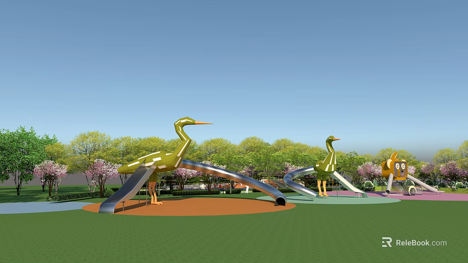 Golden Crane Shaped Play Equipment With Slides In Outdoor Park Green Lawn And Trees 3d model 