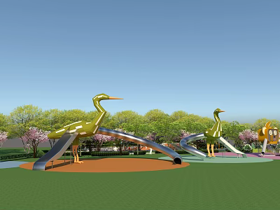 Golden Crane Shaped Play Equipment With Slides In Outdoor Park Green Lawn And Trees 3d model
