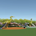 Golden Crane Shaped Play Equipment With Slides In Outdoor Park Green Lawn And Trees