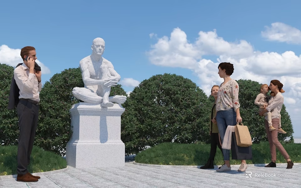 People Taking Photos Near White Statue On Pedestal In Square With Trees And Blue Sky 3d model 