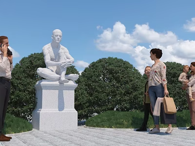 People Taking Photos Near White Statue On Pedestal In Square With Trees And Blue Sky 3d model