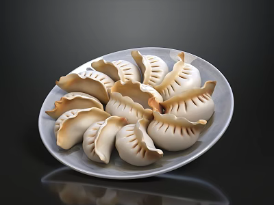 Steamed White Dumplings With Pleated Edges Arranged On A Ceramic Plate 3d model