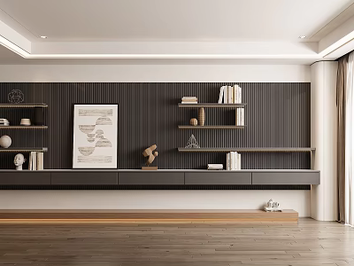 Modern Decorative Cabinet With Bookshelves Books Artwork On Striped Wall Wooden Floor 3d model