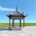 Traditional Chinese Pavilion With Curved Tile Roof Red Pillars And Green Lawn Surroundings