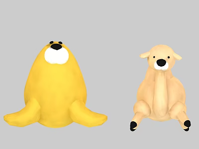 Cute Yellow Seal And Light Brown Lamb Plush Stuffed Toys Sitting 3d model