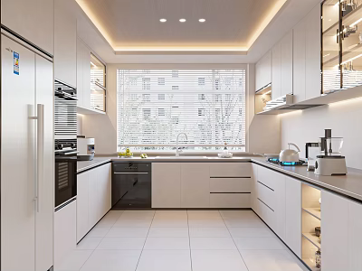 Modern Kitchen Interior Design With White Cabinets Window Blinds Sleek Countertop And Appliances 3d model