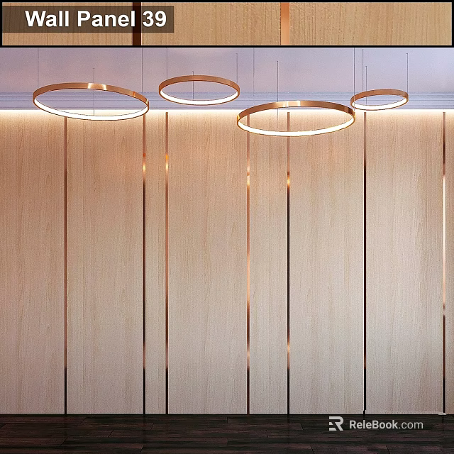 Modern Minimalist Wooden Wall With Vertical Grain And Four Circular Pendant Lights Emitting Soft Light 3d model 