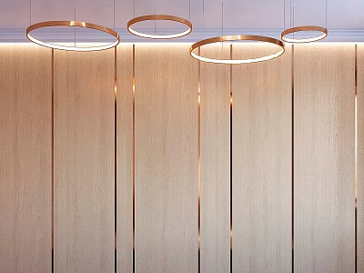 Modern Minimalist Wooden Wall With Vertical Grain And Four Circular Pendant Lights Emitting Soft Light 3d model