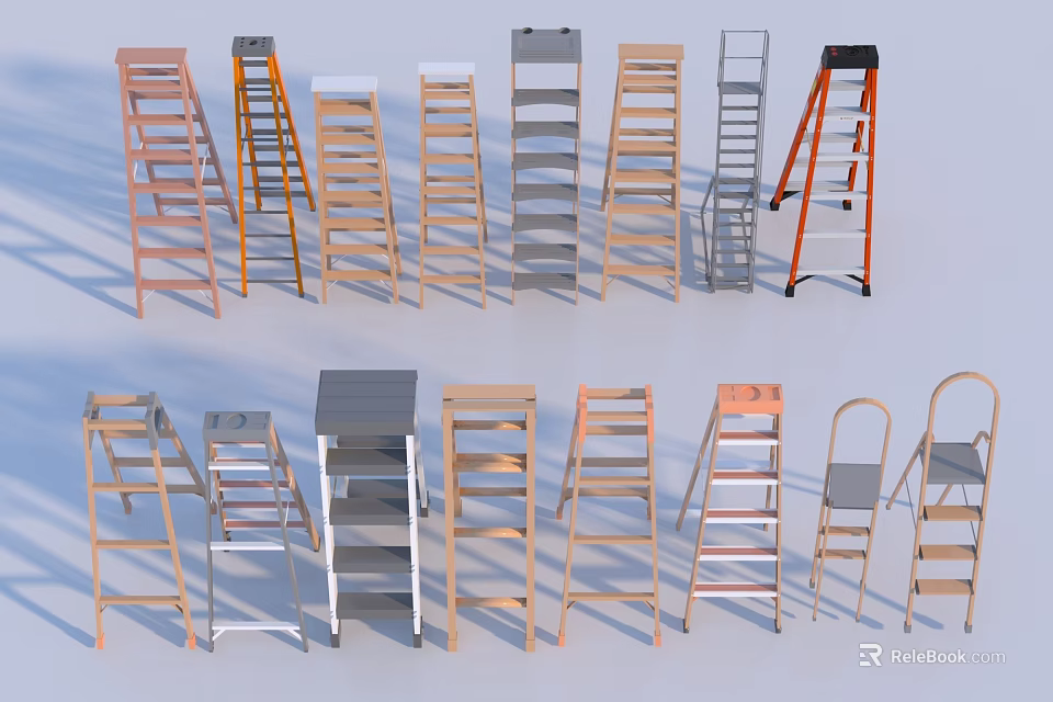 Assorted Wooden and Metal Ladders with Folding Step and Straight Designs 3d model