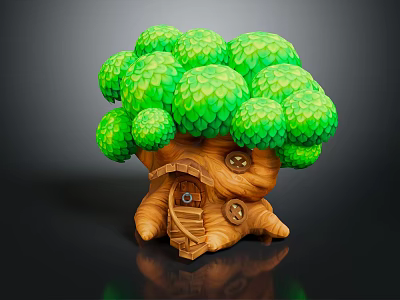 Cute Cartoon Tree House Scene With Green Mushroom Leaves Brown Trunk Wooden Door Round Windows 3d model